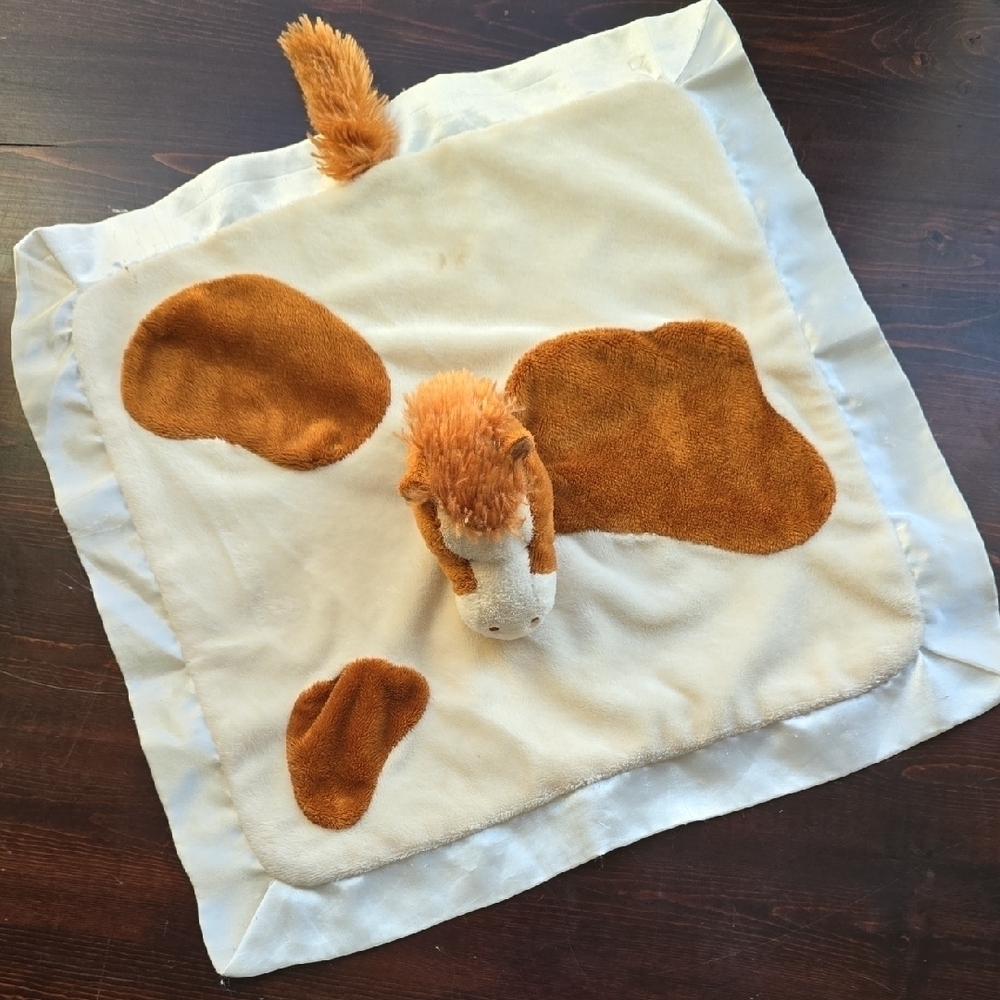 Horse Security Blanket Lovey Soft Plush Brown White Cream Satin Trim Baby Toy - Picture 1 of 5